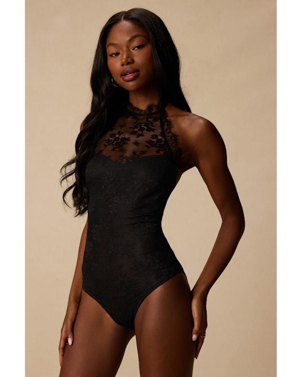 Lulus Blue Cambrie Lace Halter Bodysuit
