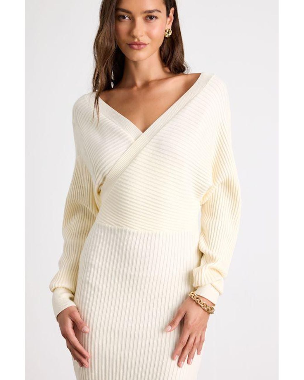 Lulus White Bixby Ribbed Surplice Bodycon Sweater Midi Dress