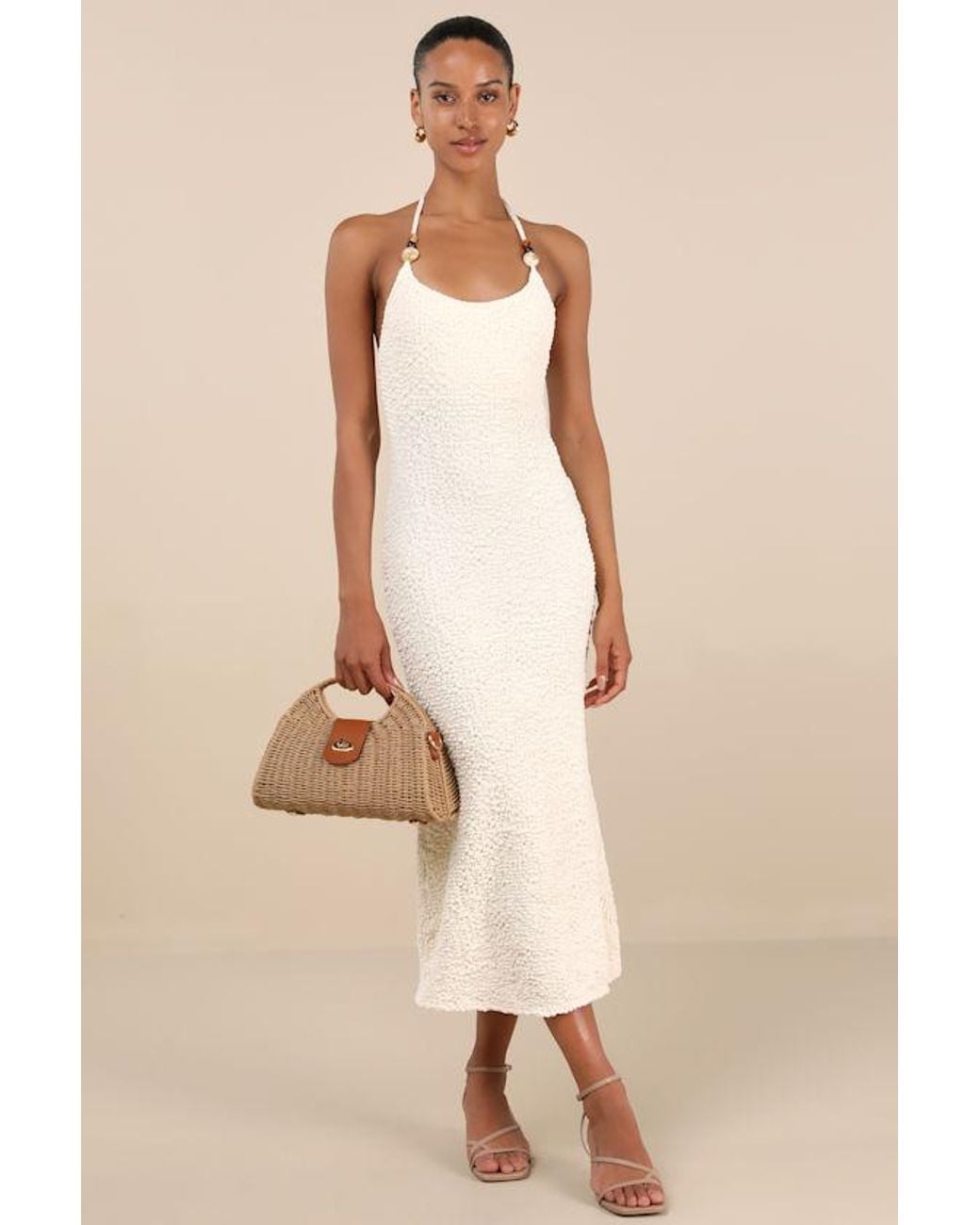 Lulus Natural Meike Cream Textured Knit Beaded Halter Midi Dress
