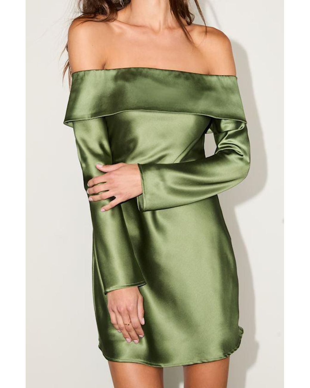 Lulus Green Luxurious Vision Satin Off-The-Shoulder Mini Dress