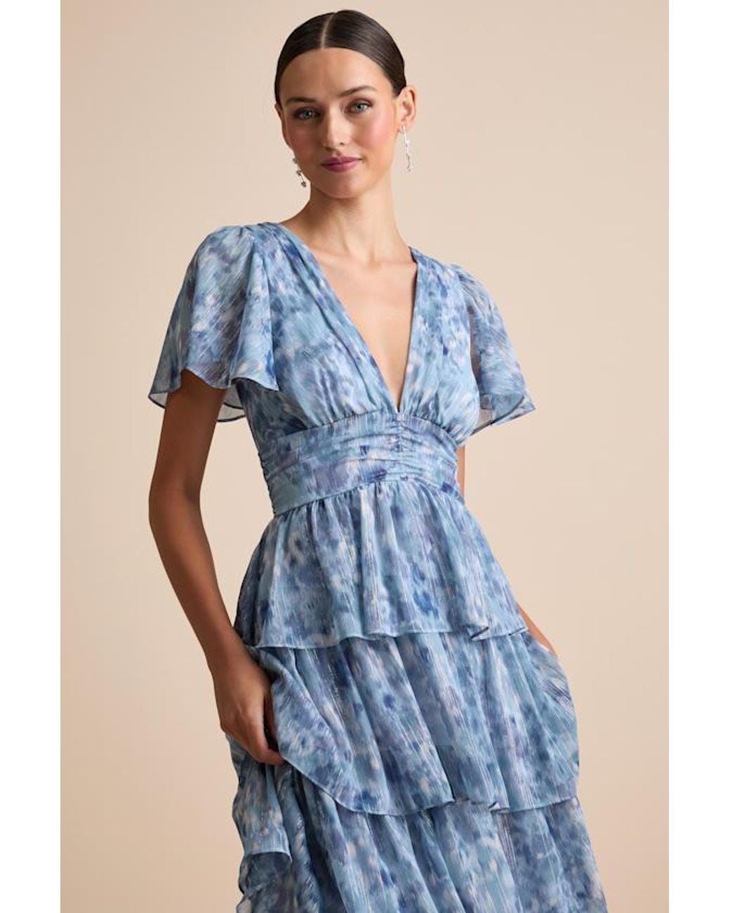Lulus Blue Nalia Abstract Print Tiered Tie-Back Midi Dress