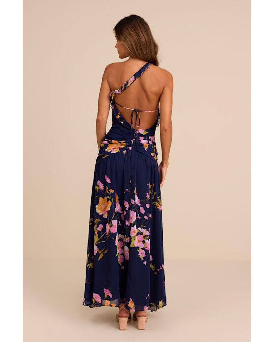 Lulus Blue Alayda Floral Asymmetrical Ruffled Maxi Dress