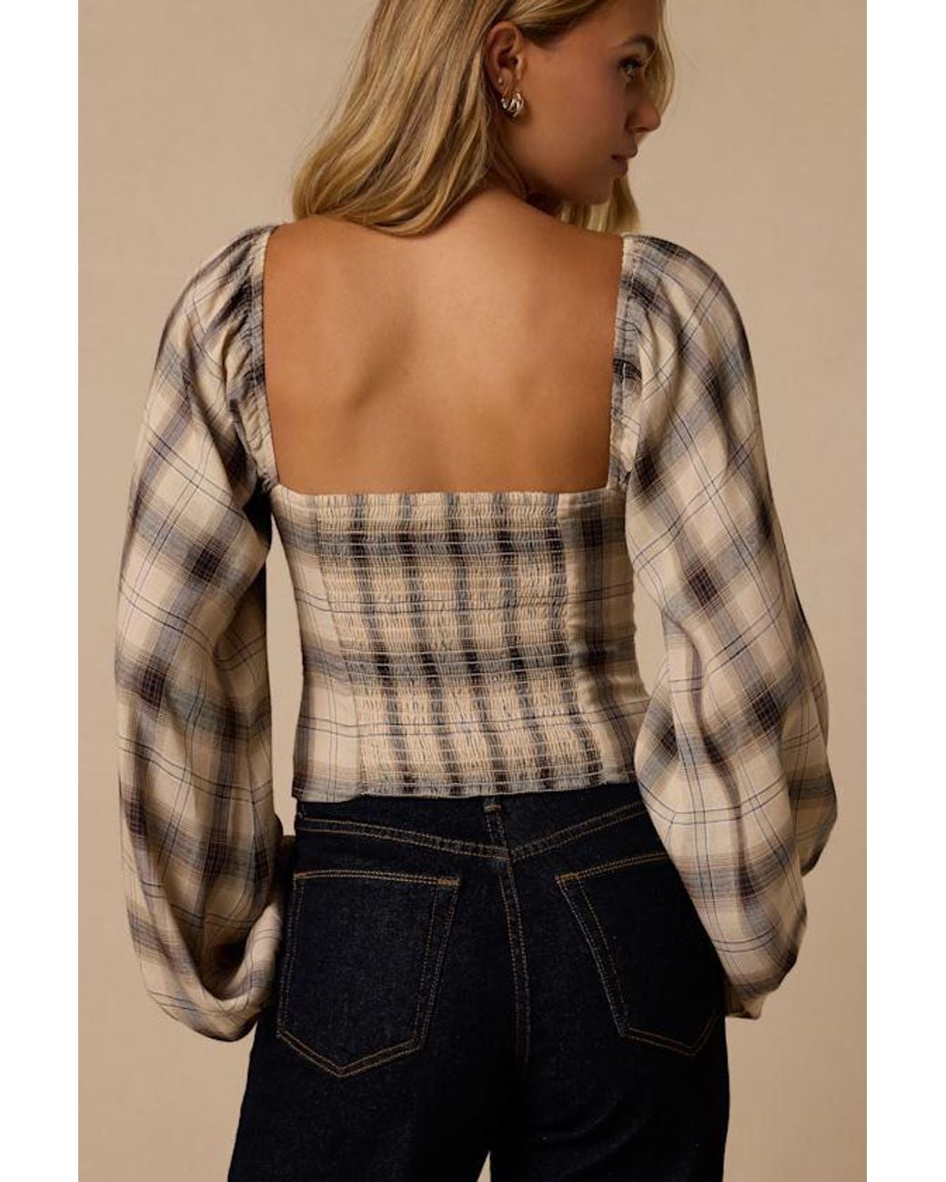 Lulus Brown Quentin Cream Plaid Puff Sleeve Top