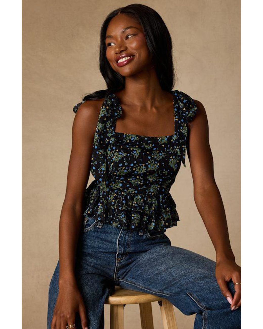 Lulus Blue Shailene Multi Floral Tie-Strap Top
