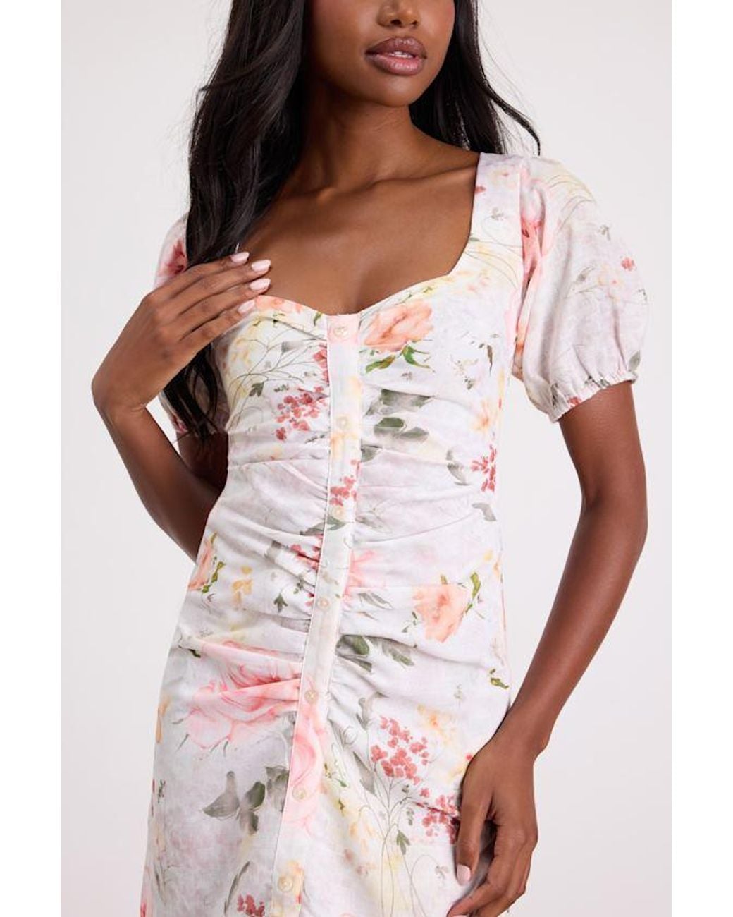 Lulus Pink Kenlee Floral Puff Sleeve Mini Dress
