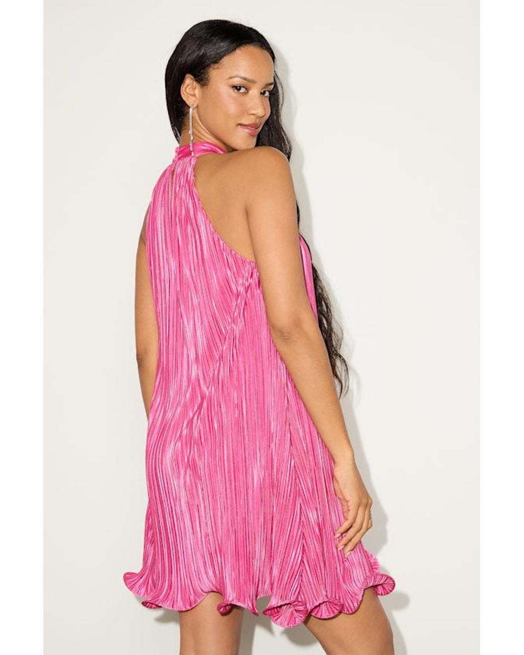 Lulus Pink Vaivah Satin Plisse Mock Neck Swing Mini Dress