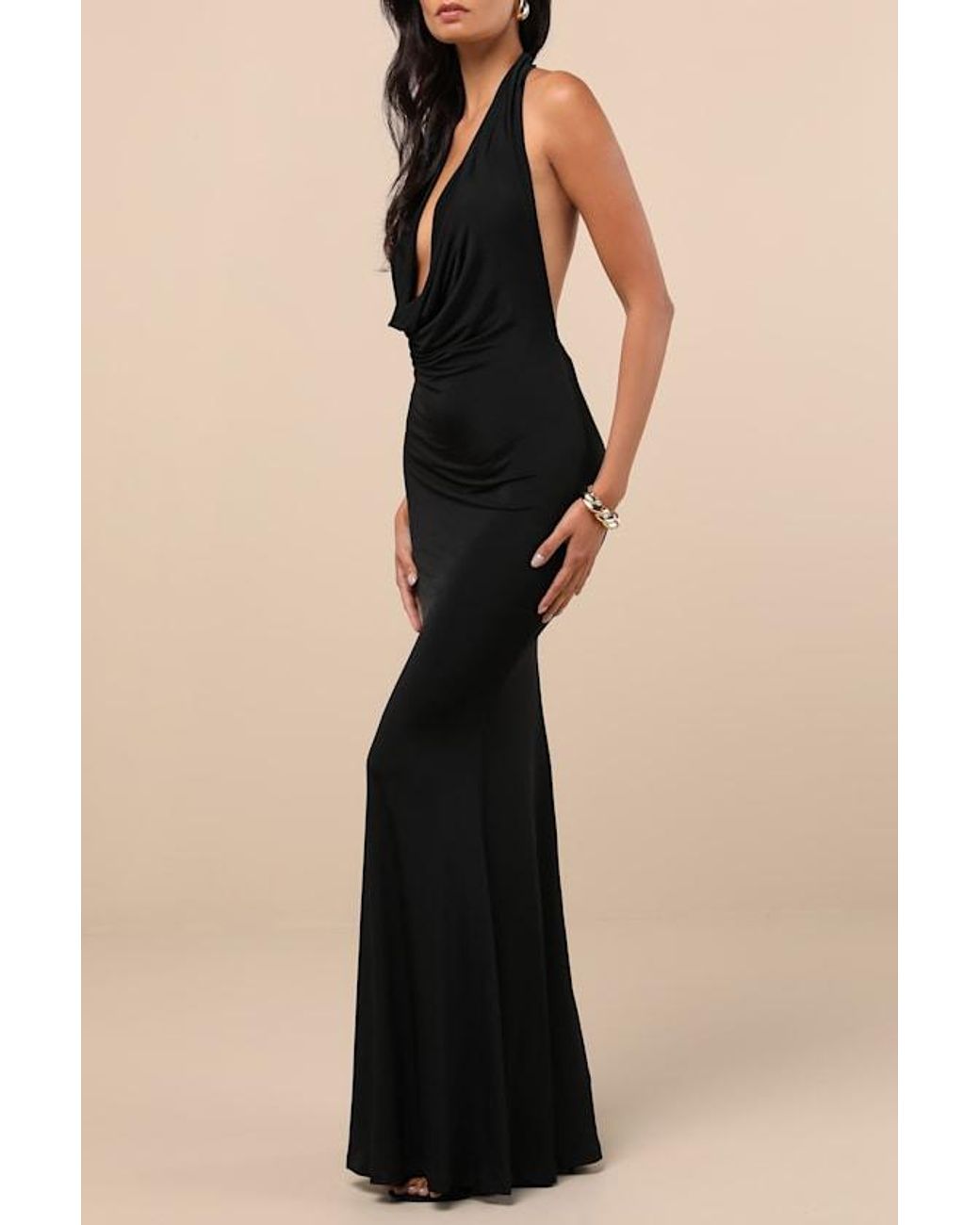 Lulus Black Eye-Catching Silhouette Cowl Neck Halter Maxi Dress