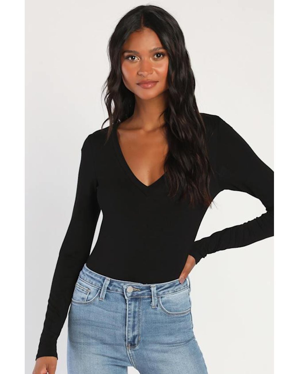 Lulus Black Clean Look V-Neck Long Sleeve Bodysuit