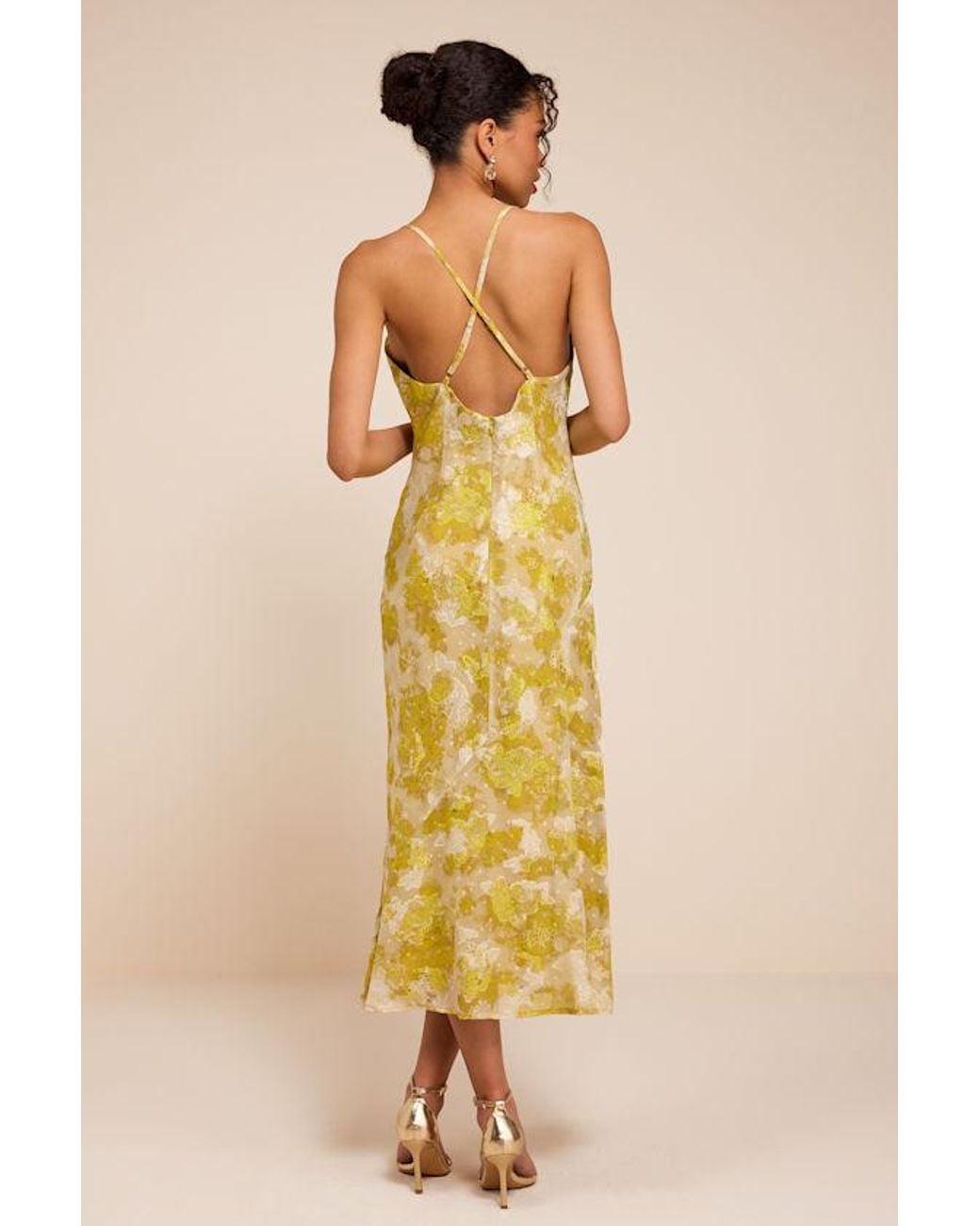 Lulus Yellow Neida Floral Burnout Cowl Neck Midi Dress