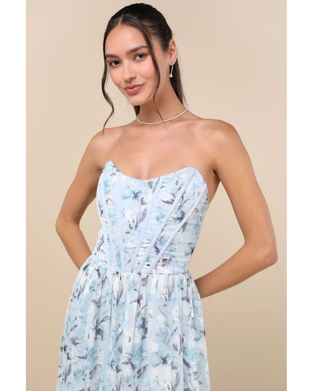 Lulus Blue Special Moment Floral Strapless Bustier Maxi Dress