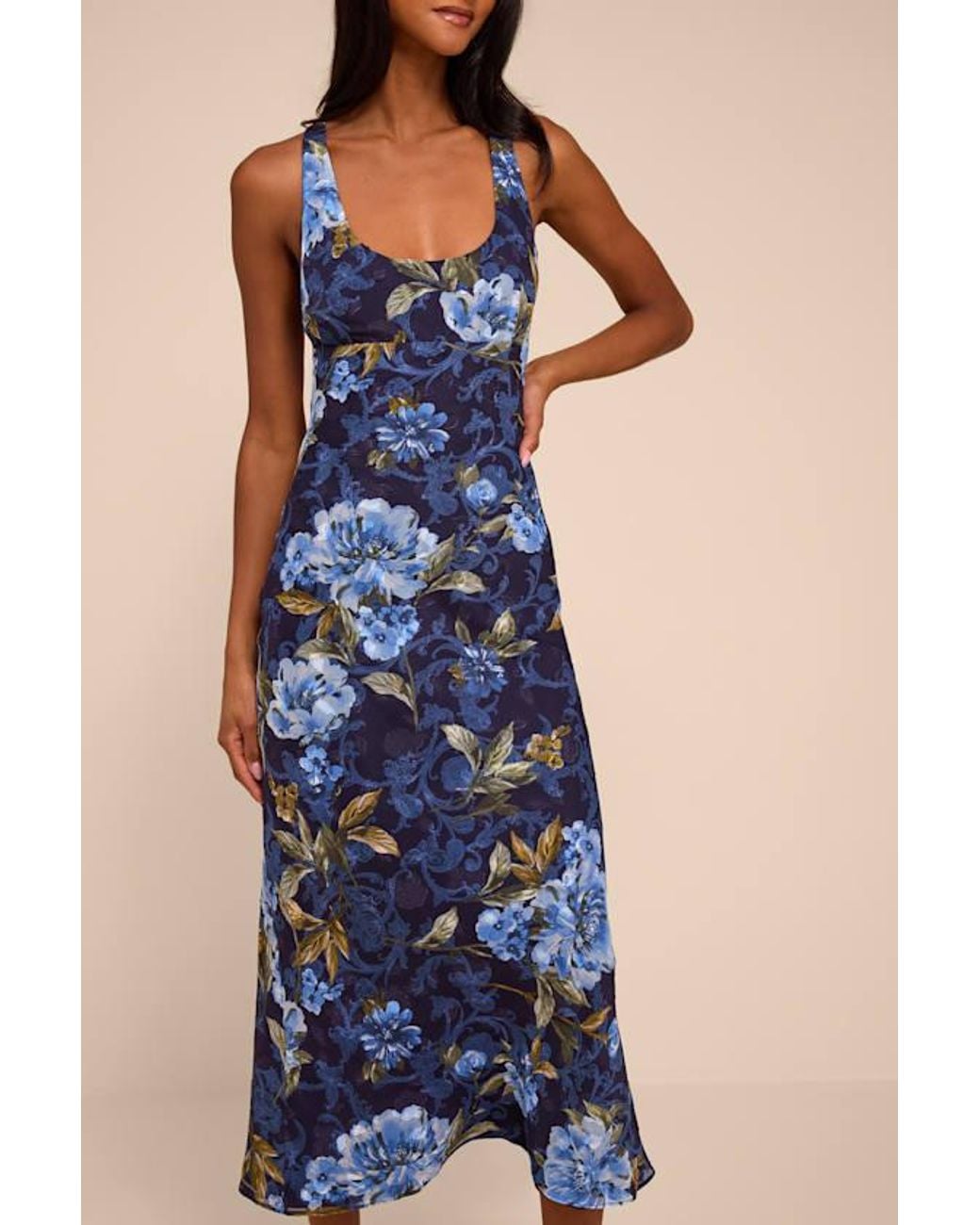 Lulus Blue Lilia Floral Scoop Neck Midi Dress