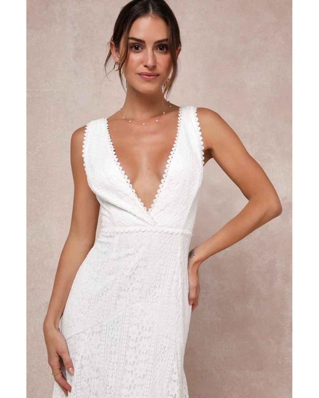 Lulus Natural Infinite Bliss Lace Sleeveless Backless Trumpet Maxi Dress