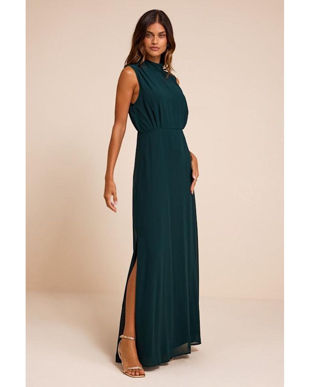Lulus Blue Classic Elegance Emerald Chiffon Sleeveless Mock Neck Maxi Dress