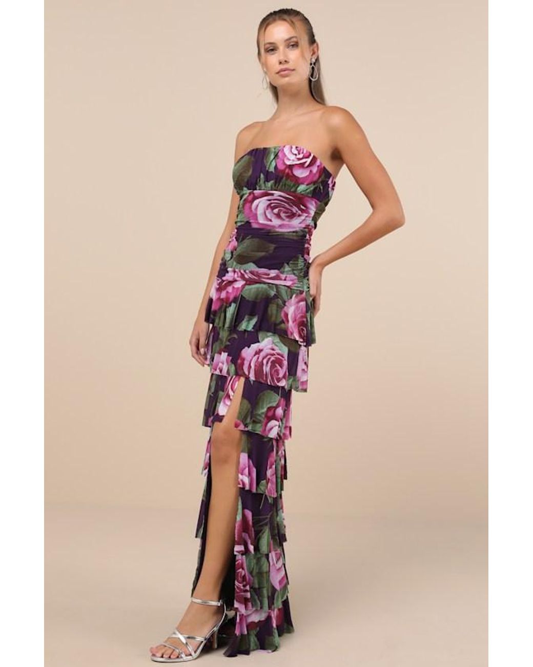 Lulus Purple Phenomenal Aura Plum Floral Ruched Tiered Strapless Maxi Dress