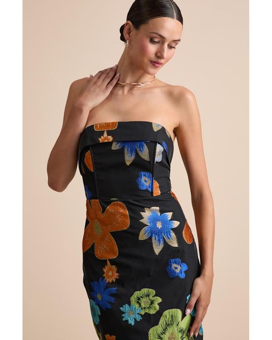 Lulus Black Wesson Floral Jacquard Lace-Up Strapless Midi Dress