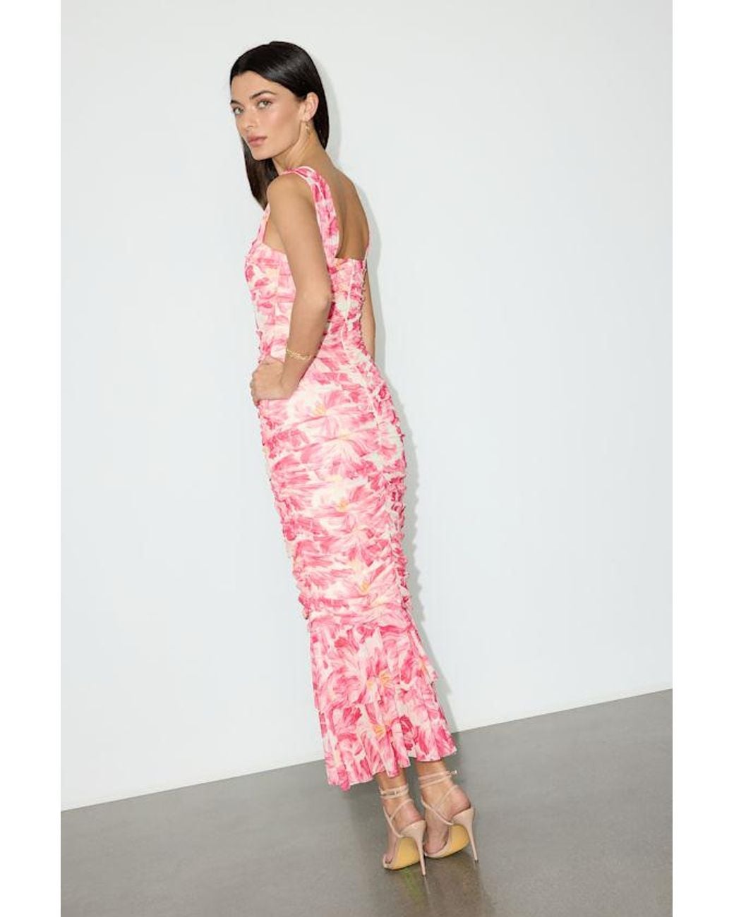 Lulus Pink Aelara Floral Mesh Ruched Trumpet Midi Dress