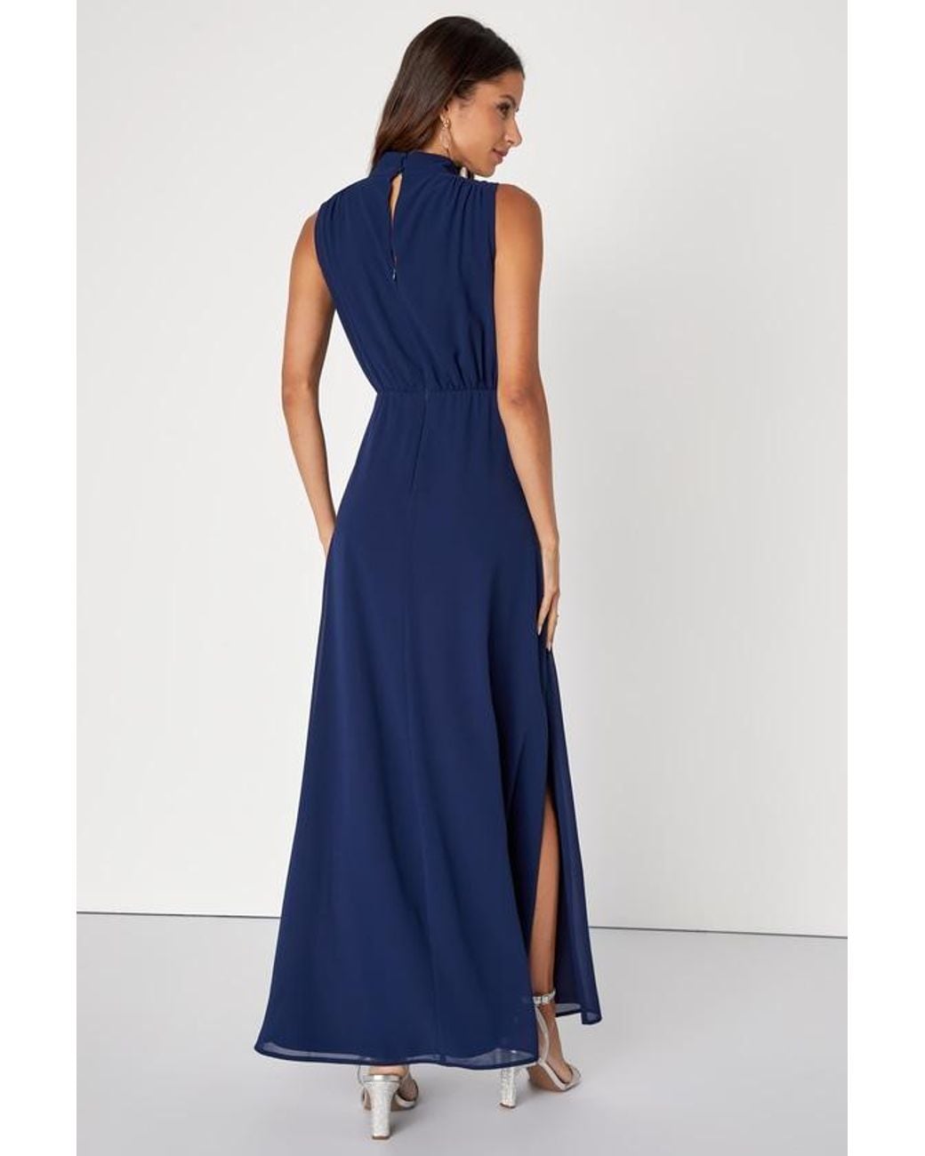Lulus Classic Elegance Chiffon Sleeveless Mock Neck Maxi Dress in Blue |  Lyst