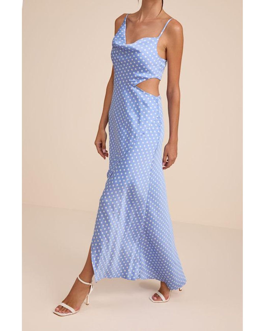Lulus Blue Amella Polka Dot Satin Asymmetrical Dress