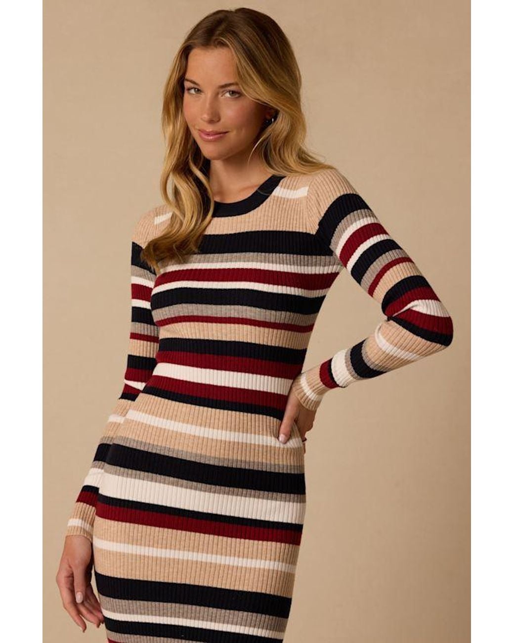 Lulus Natural Drew Multi Stripe Sweater Dress