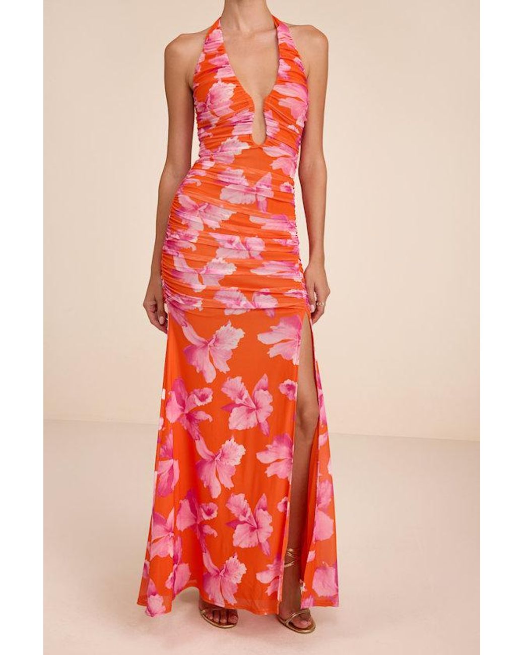 Lulus Red Fiametta And Floral Ruched Maxi Dress