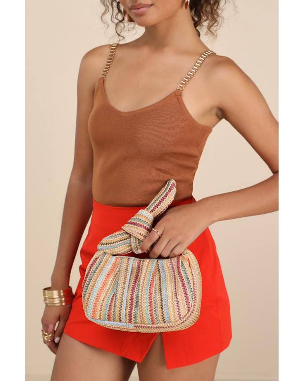 Lulus Natural Essential Style Multi Striped Woven Knot Handle Clutch
