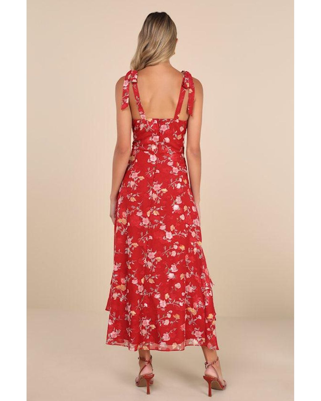 Lulus Red So Elevated Floral Jacquard Tie-Strap High-Low Midi Dress