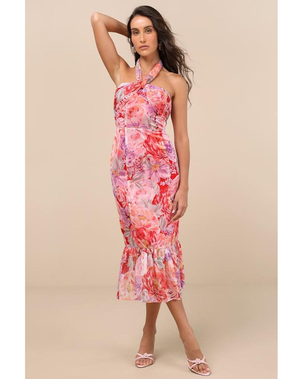Lulus Pink Juno Multi Floral Halter Trumpet Midi Dress