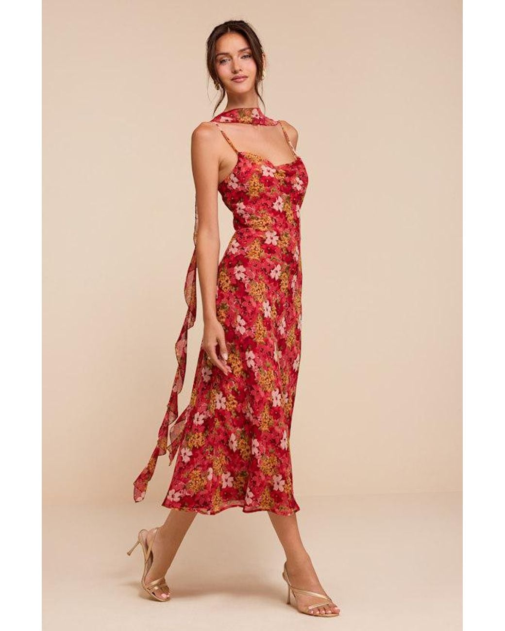 Lulus Red Rosetta Multi Floral Midi Dress And Scarf Set