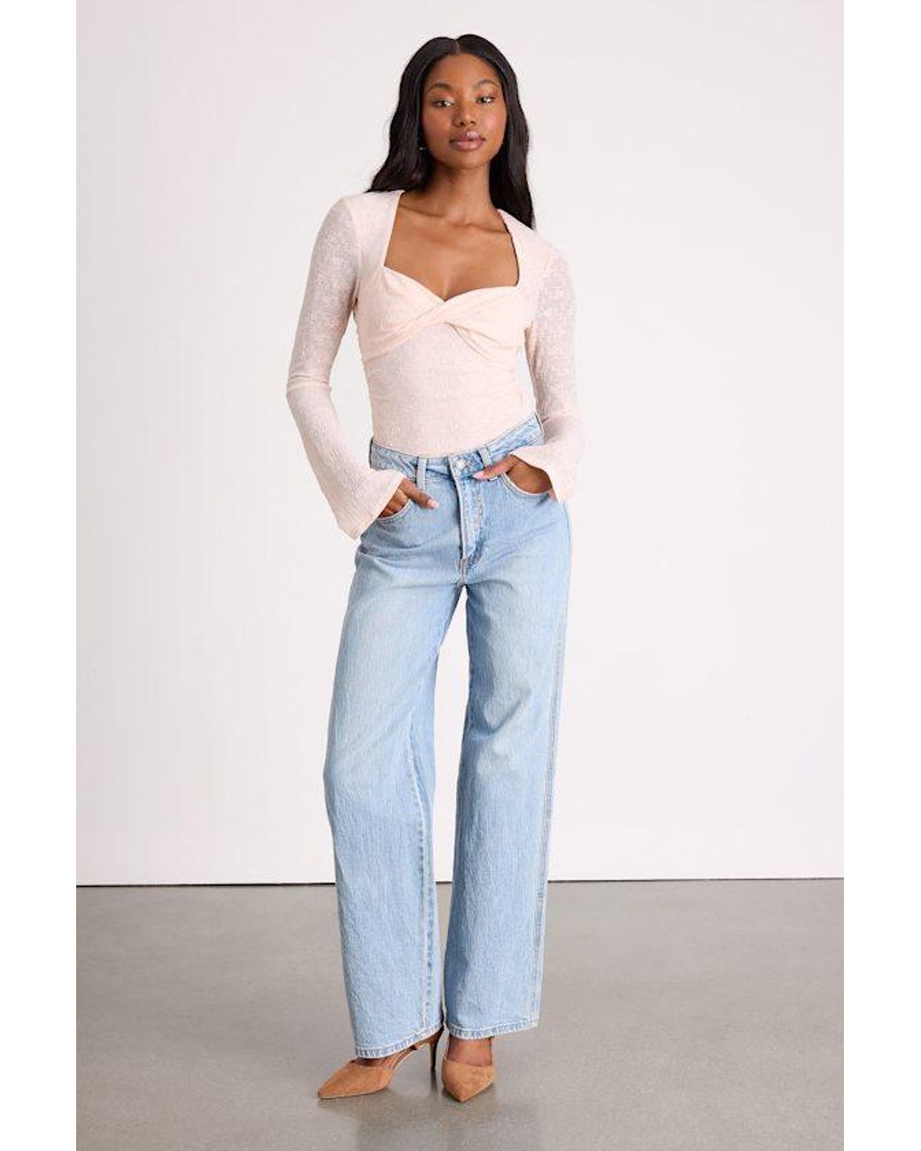 Lulus Blue Emada Blush Textured Twist-Front Long Sleeve Top