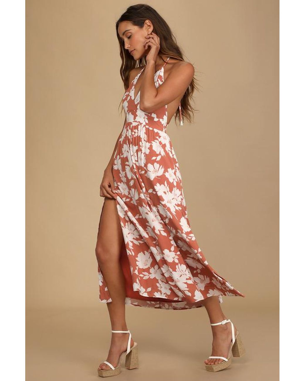 Lulus Natural Follow The Summer Floral Print Halter Midi Dress