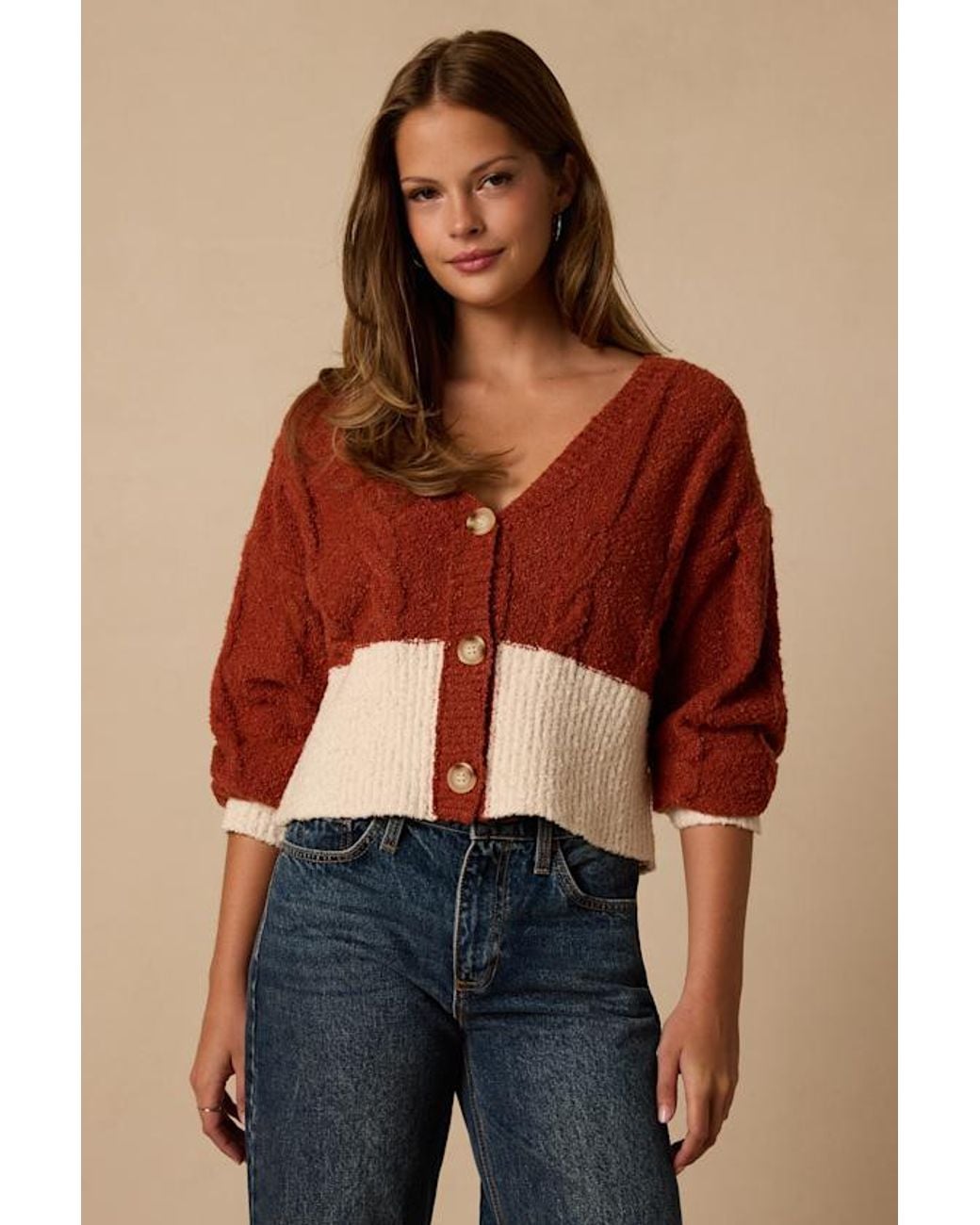 Lulus Red Convincingly Cozy Rust And Cream Cable Knit Boucle Cardigan
