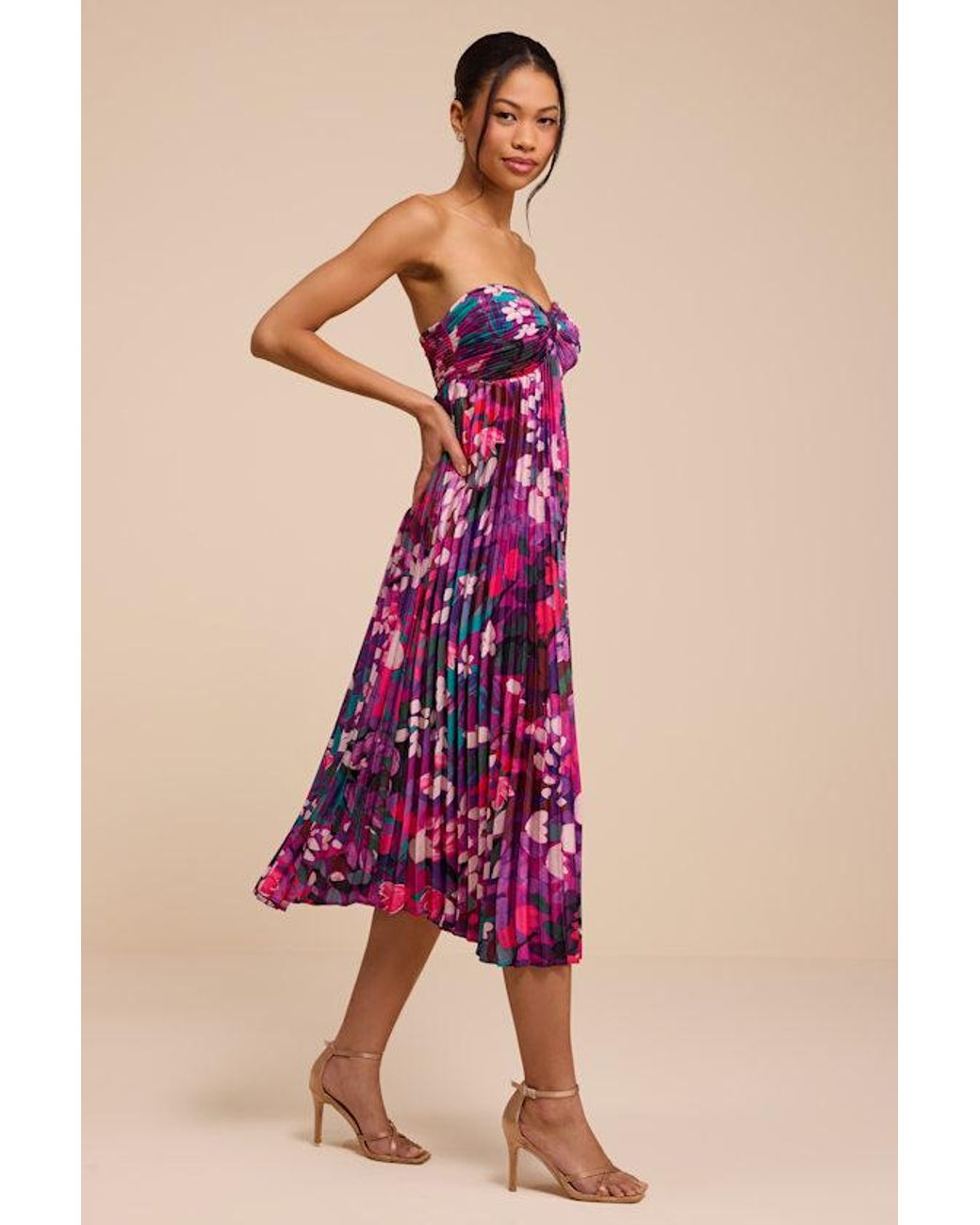 Lulus Pink Whimsical Beauty Multi Satin Plisse Strapless Midi Dress