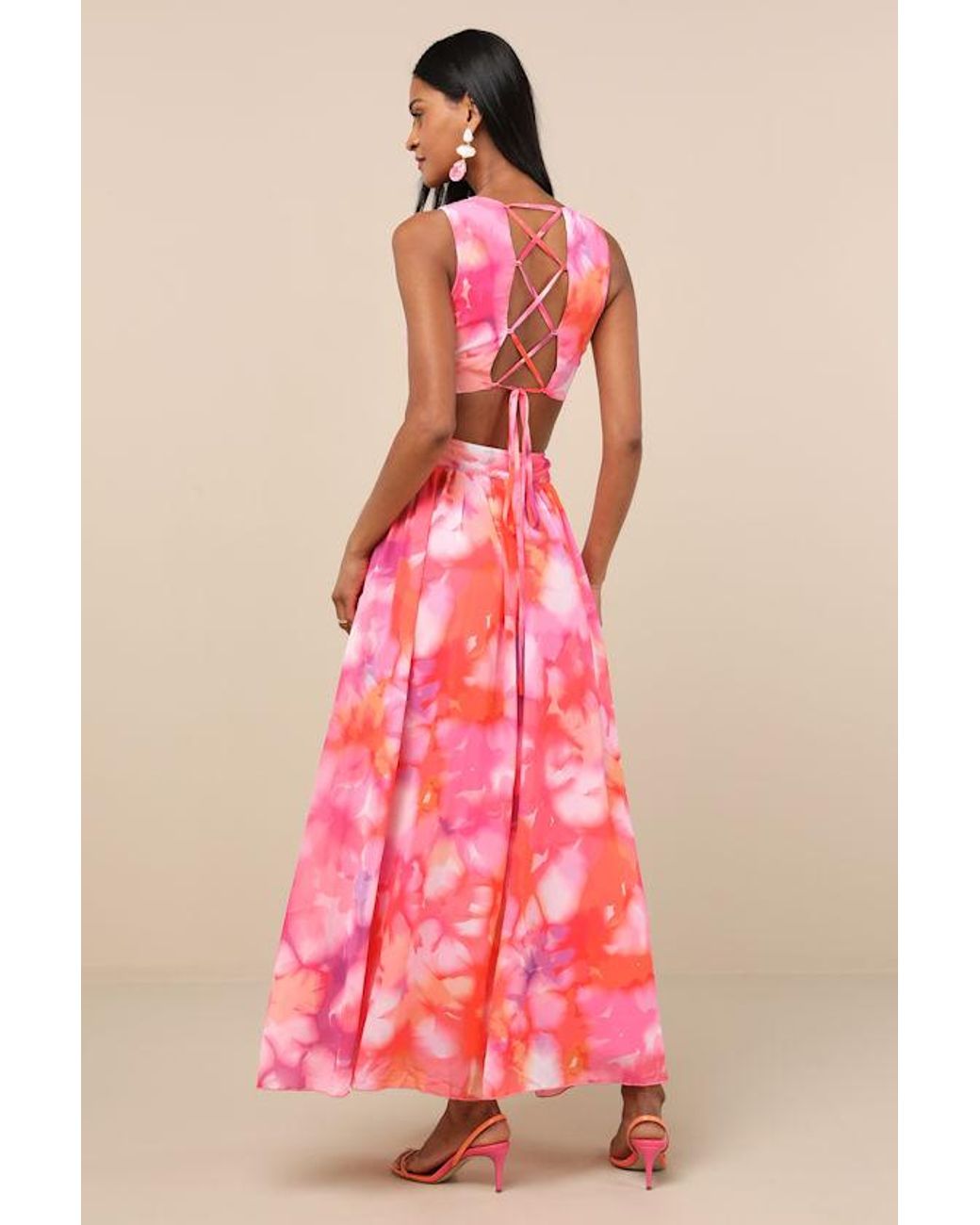 Lulus Pink Elisanna Multi Floral Lace-Up Midi Dress