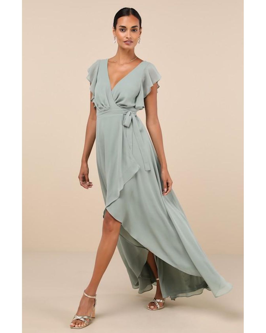Lulus Green Ravishing Charm Sage Brush Ruffled Wrap High-Low Maxi Dress