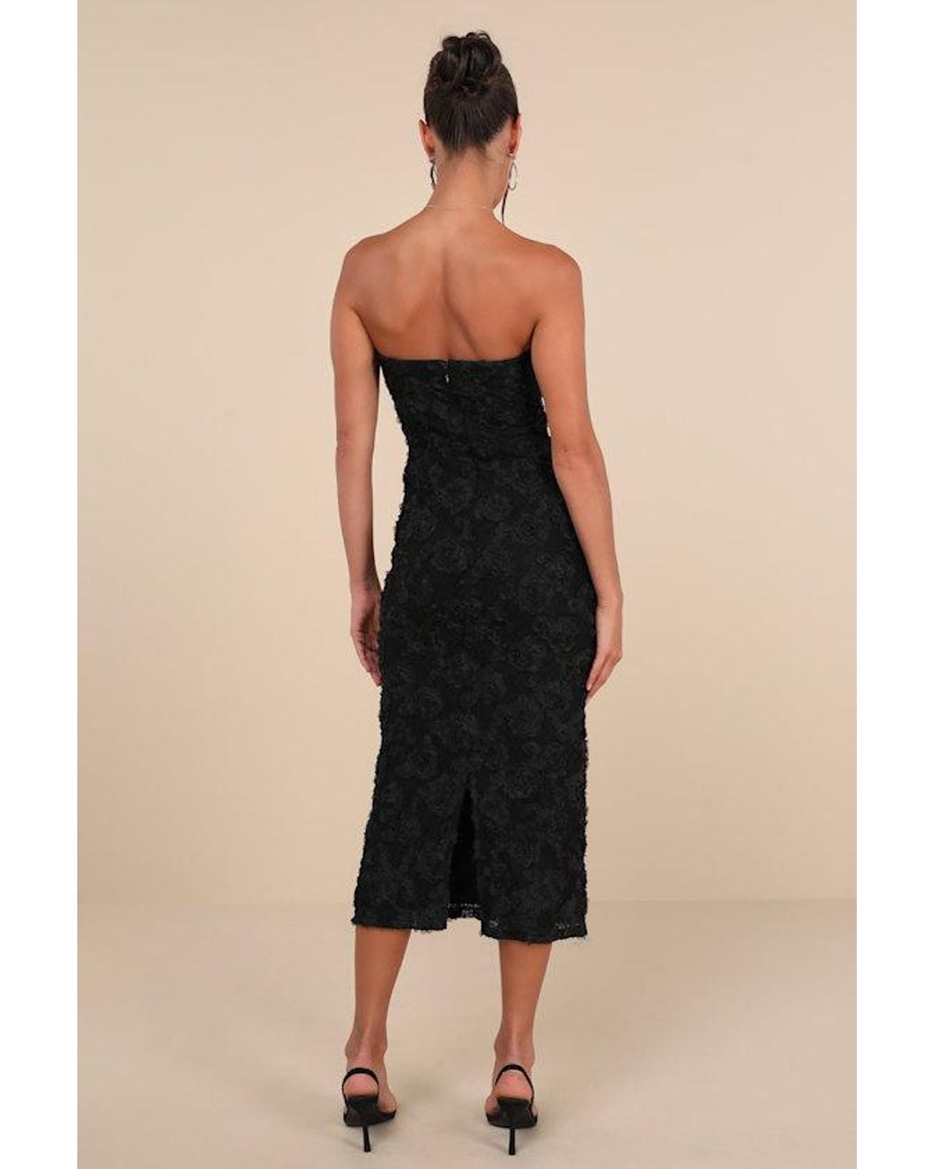 Lulus Black Flawless Perfection Floral Applique Strapless Midi Dress