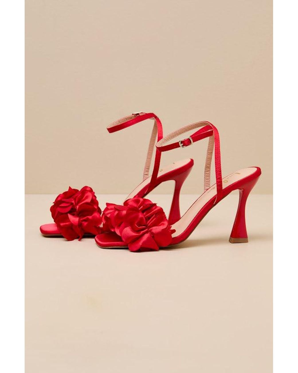 Lulus Red Kappa Satin Ruffled Ankle Strap High Heel Sandals