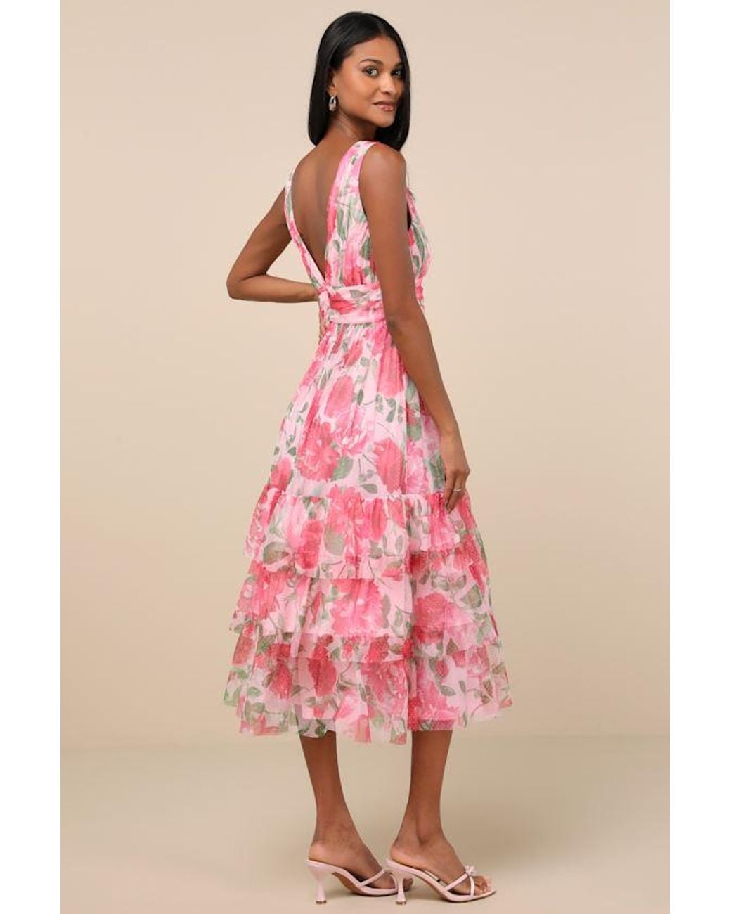 Lulus Pink Perfectly Divine Floral Tulle Tiered Ruffled Midi Dress