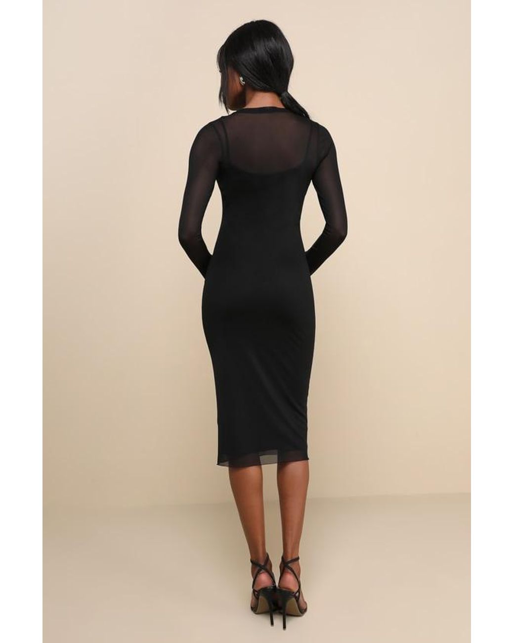 Lulus Natural Perfect Plans Sheer Mesh Long Sleeve Midi Dress