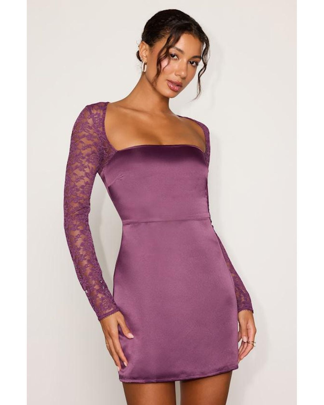 Lulus Purple Prettiest Behavior Satin Lace Long Sleeve Mini Dress