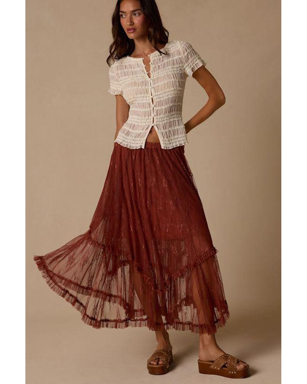 Lulus Brown Briony Lace Ruffled Midi Skirt