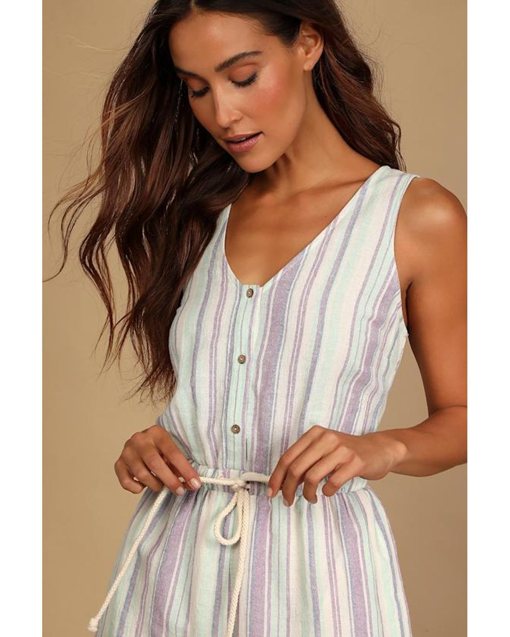Lulus Brown Forever Adventure Multi Striped Drawstring Romper