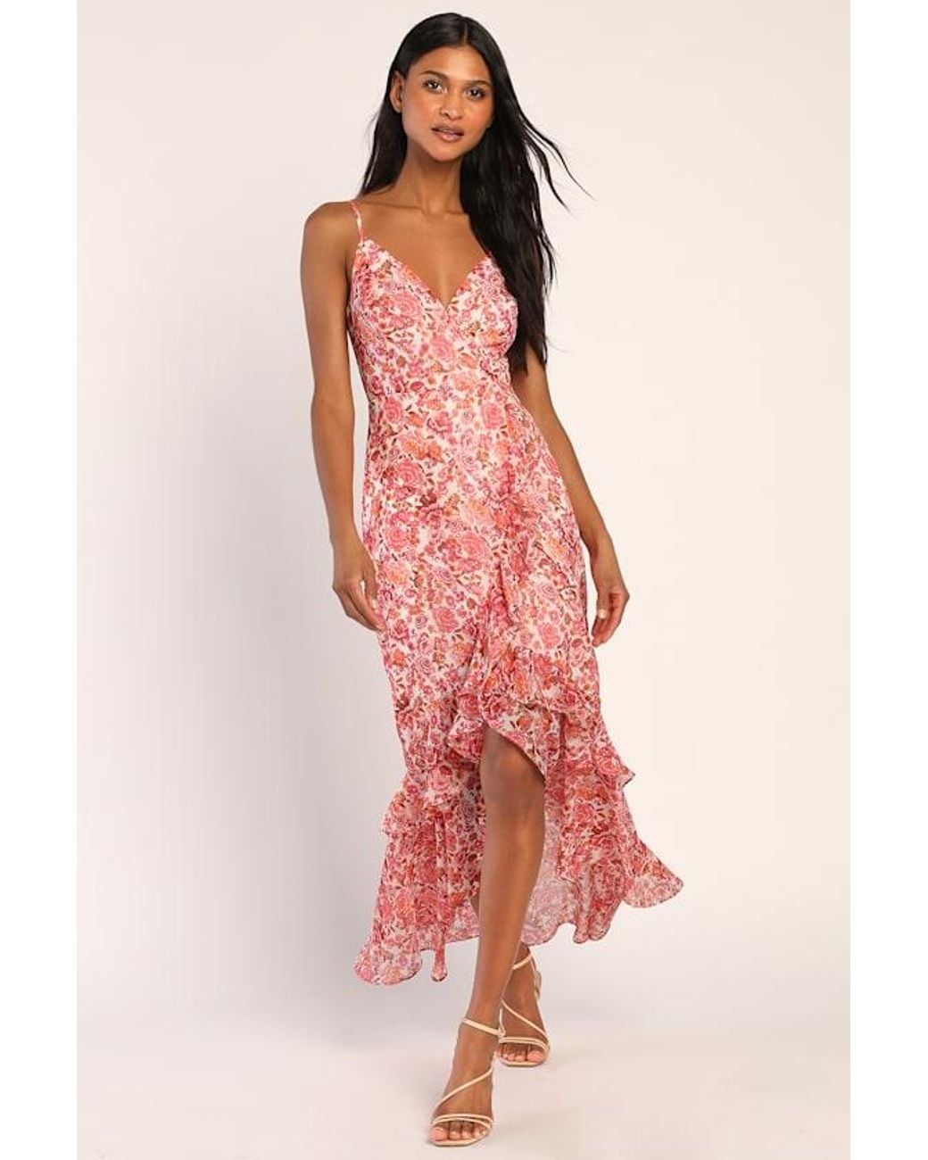 Lulus Red Always Enchanting Floral Metallic Ruffled High-Low Dress