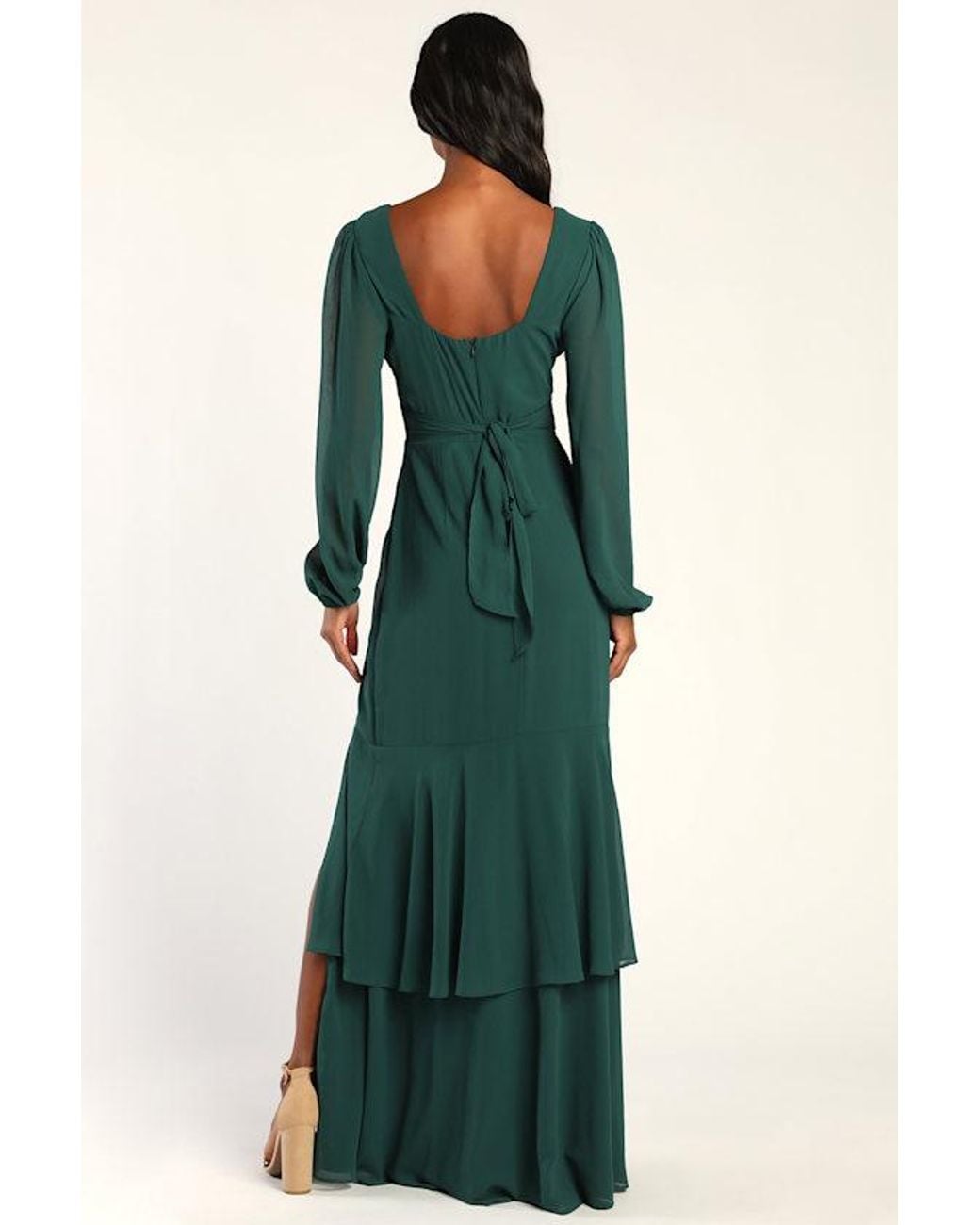 Lulus Blue Tier Elegance Hunter Long Sleeve Tiered Maxi Dress