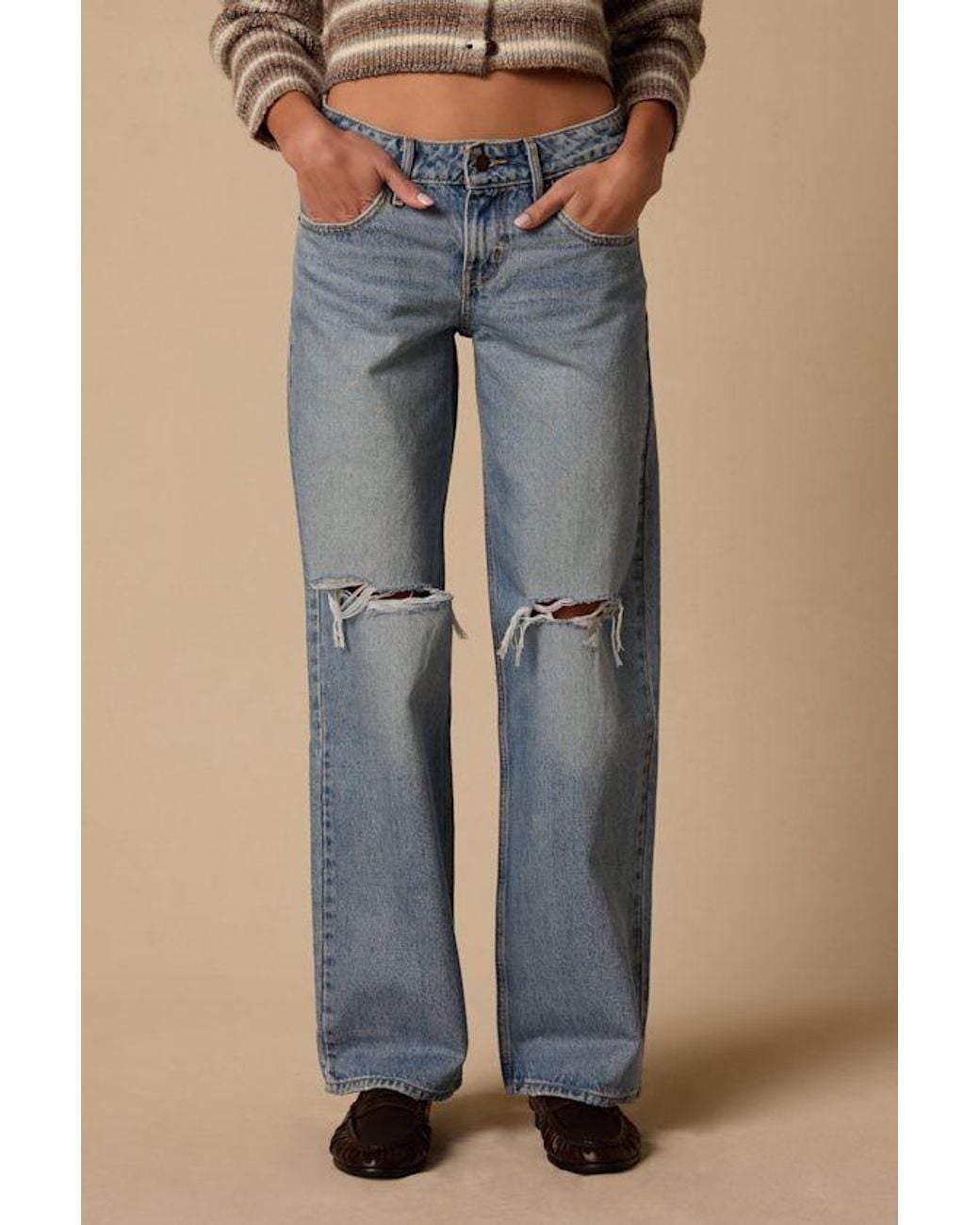 Levi's Natural Low Loose Medium Wash Distressed Low-Rise Wide-Leg Jeans