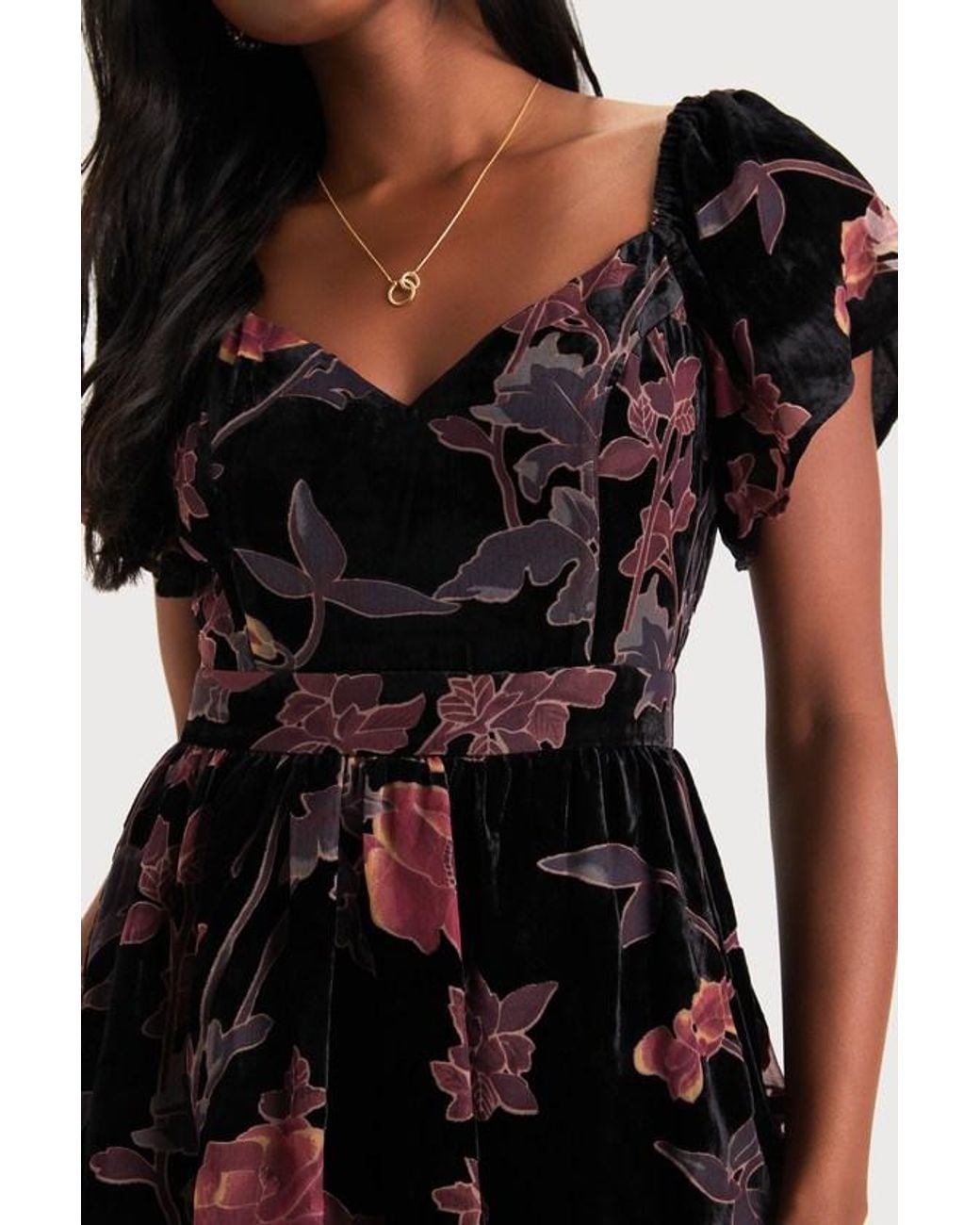 Lulus Black Oh-So Lovely Floral Burnout Velvet Tiered Midi Dress