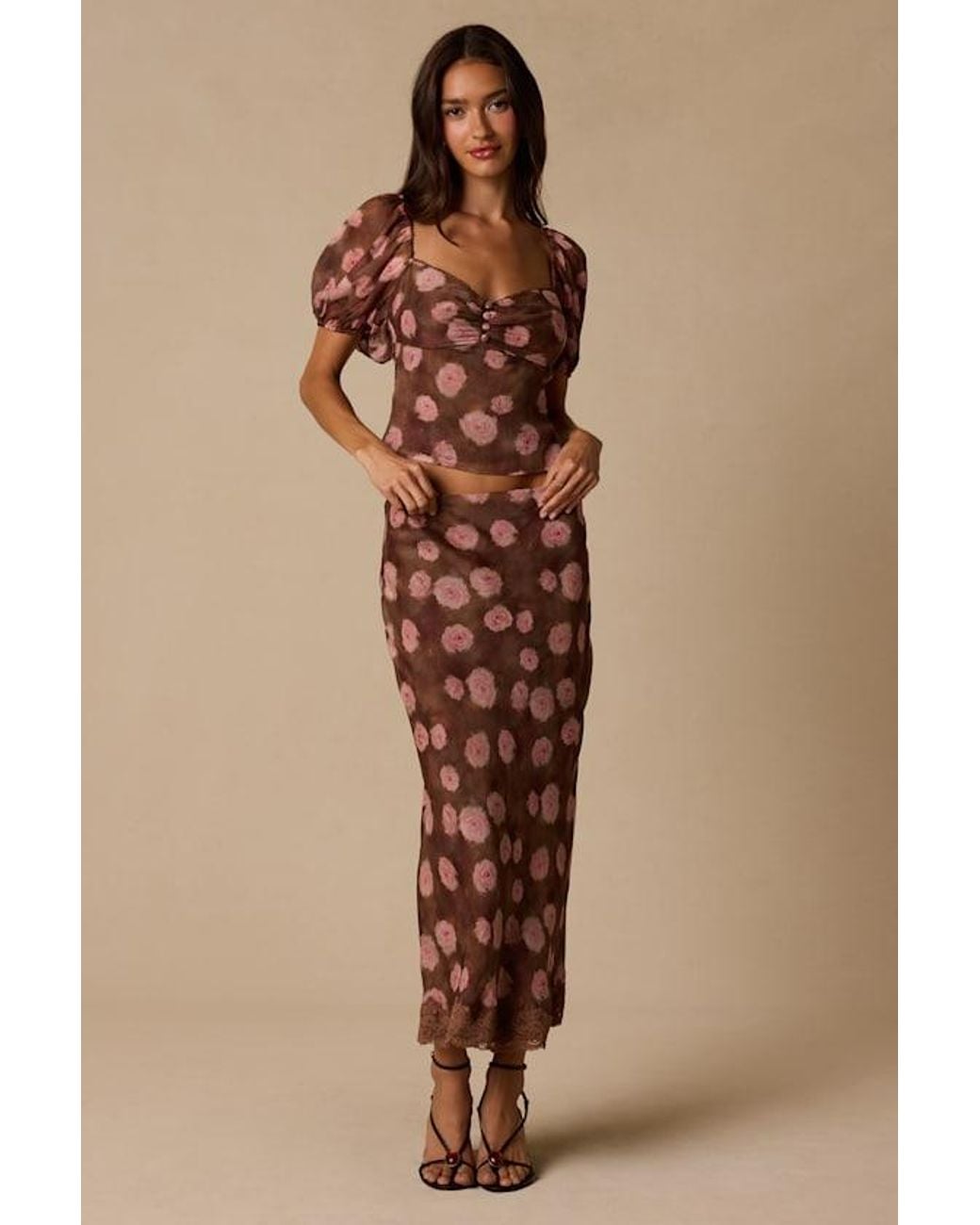 Lulus Natural Neva Floral Slip Midi Skirt