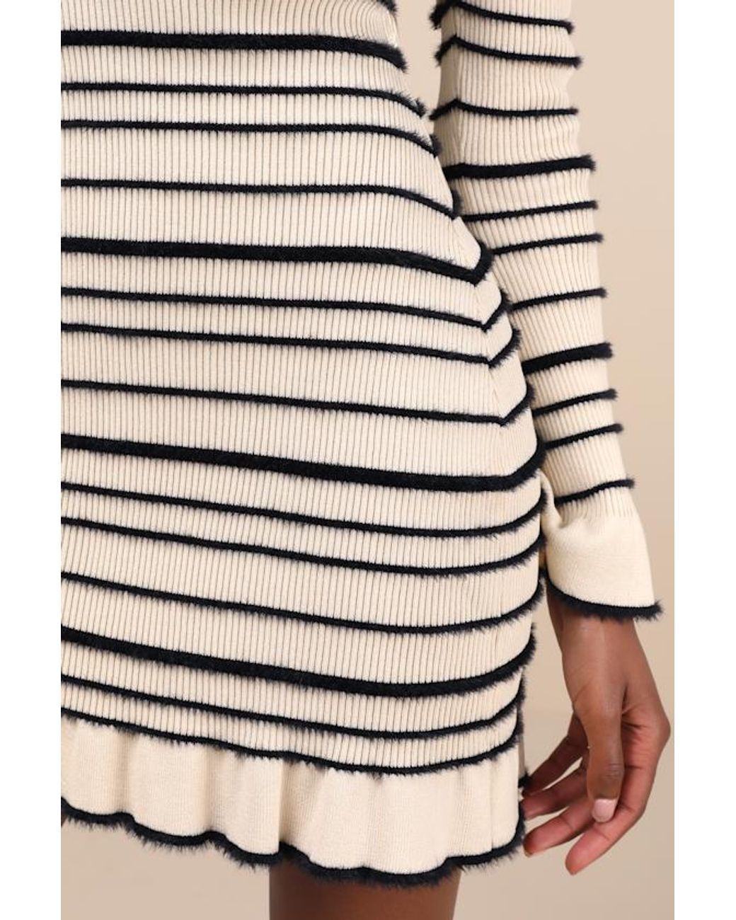 Lulus Gray Cozy Outlook Fuzzy Striped Long Sleeve Sweater Mini Dress