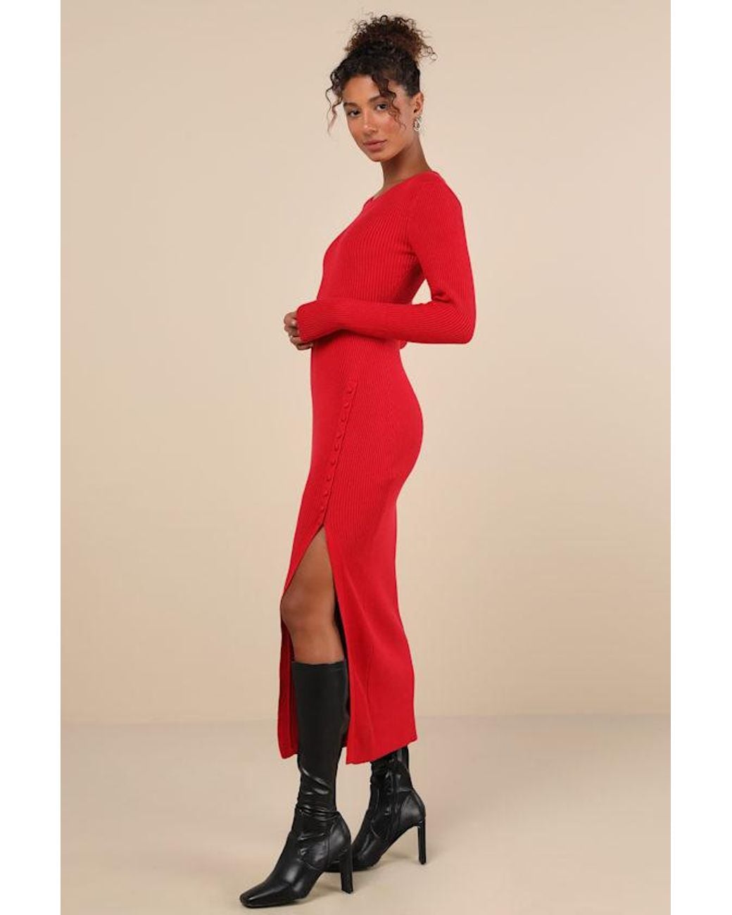 Lulus Red Refined Attitude Ribbed Side Button Midi Sweater Dress