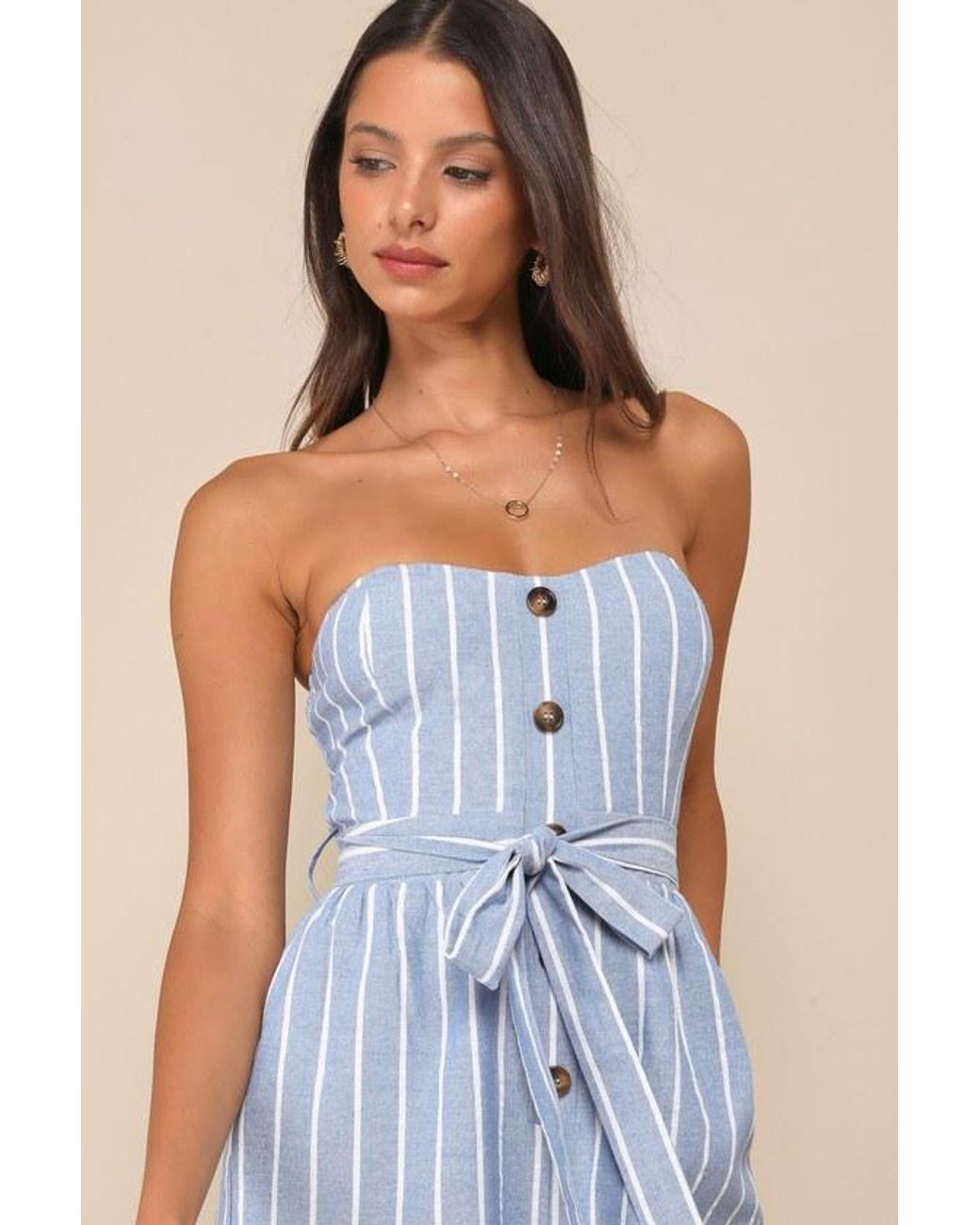 Lulus Blue Sunny Day Classic Striped Strapless Jumpsuit