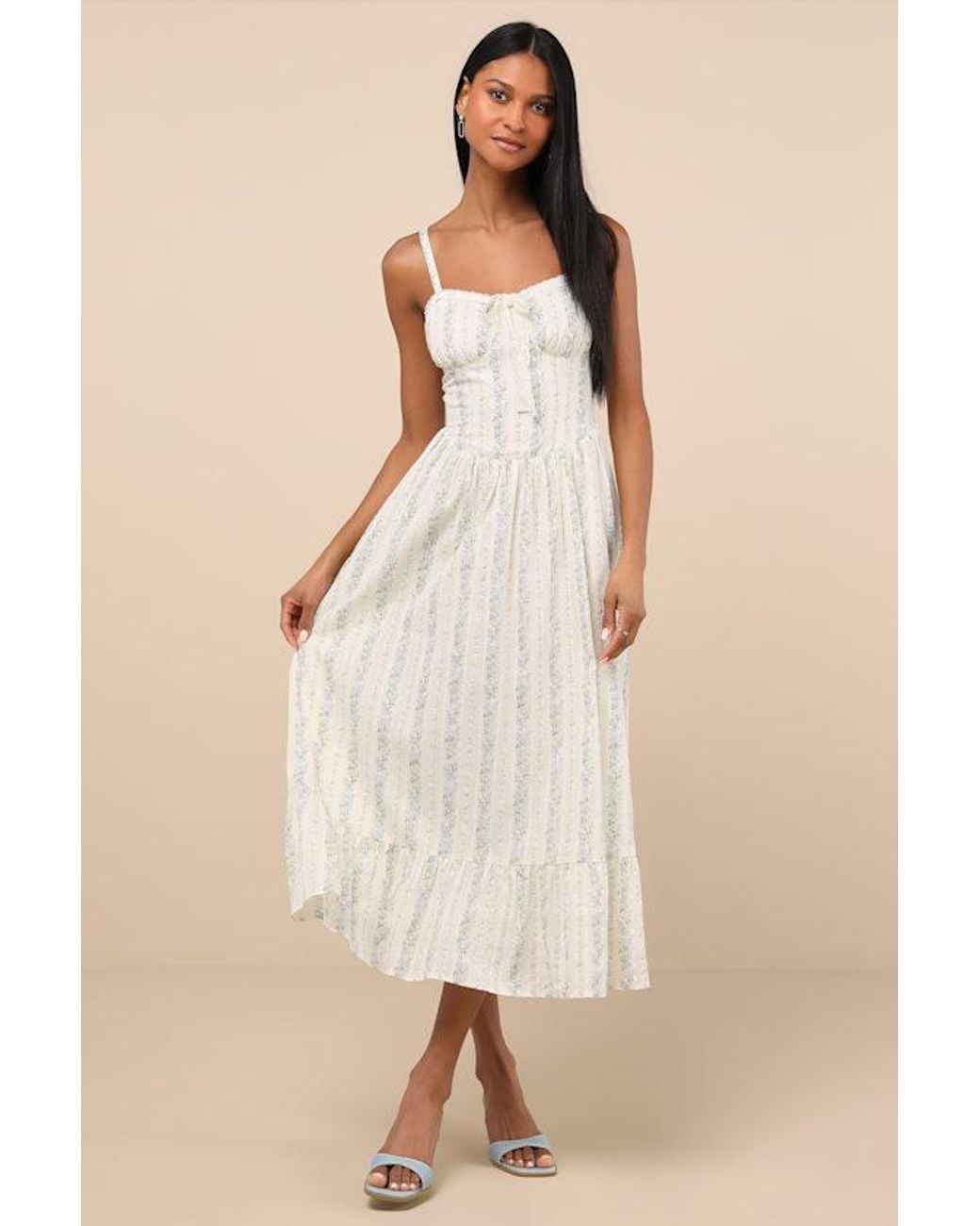 Lulus Natural Odilie Cream Floral Lace Sleeveless Midi Dress